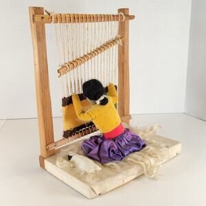 Handmade Native American Woman Weaving Loom Diorama Folk Art Figurine 10" Doll